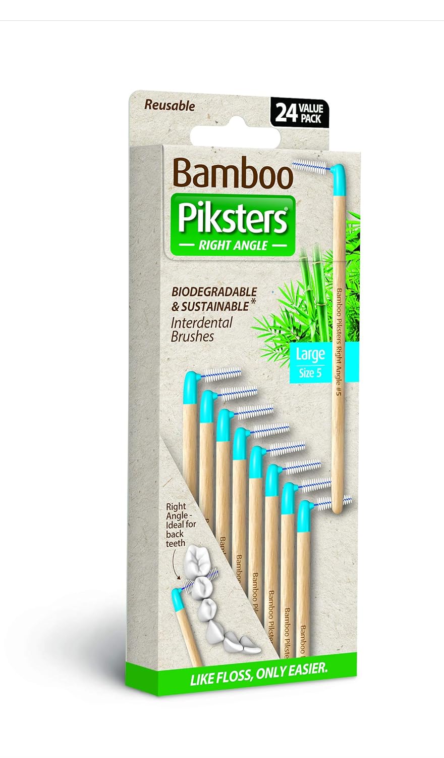 Bamboo Piksters Interdental Brushes | Sizes 00-5 | Right Angle Handle | 24 Pack (24 Pack, Size 5 (Blue))