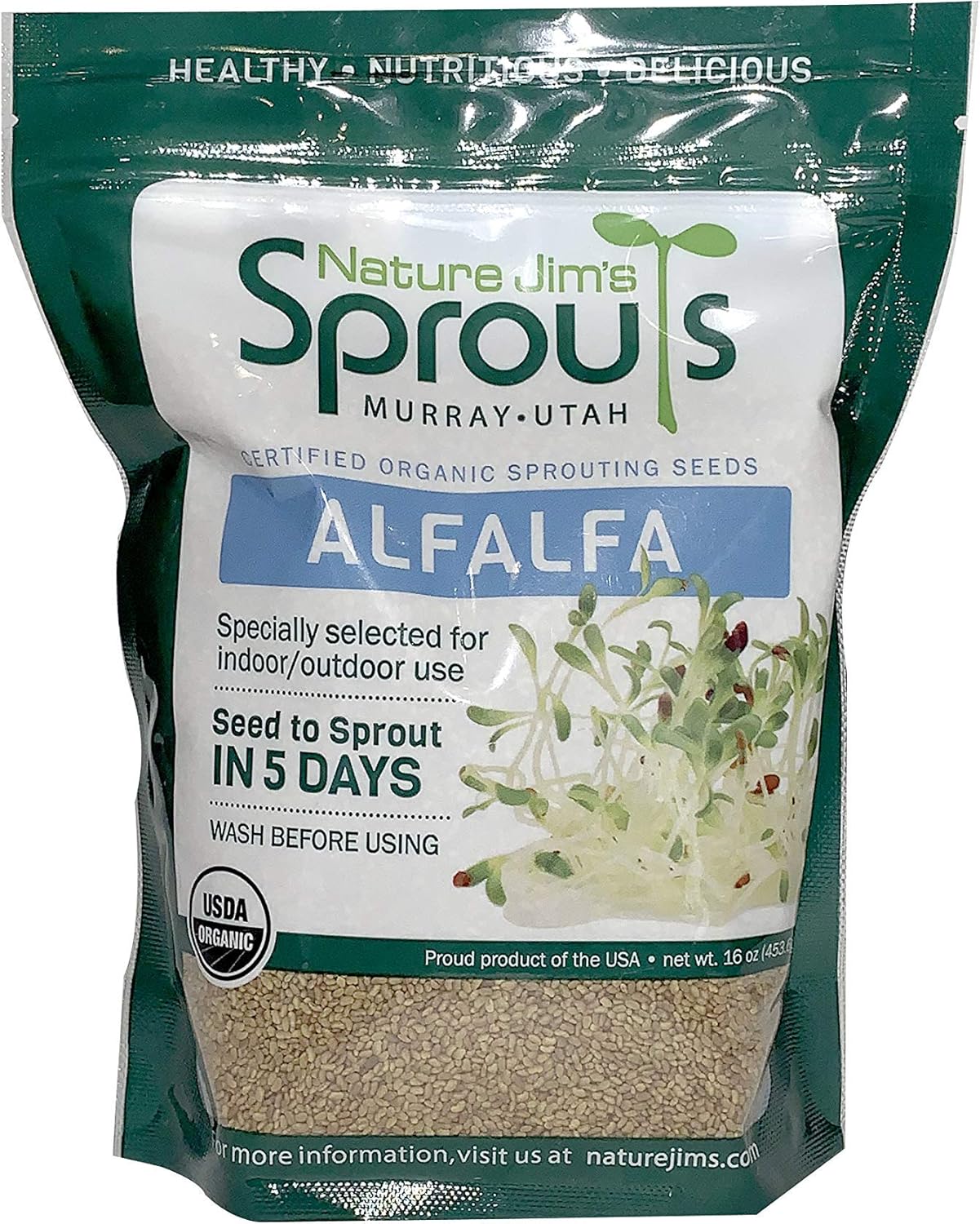 Nature Jims Alfalfa Sprout Seeds – 16 Oz Organic Sprouting Seeds – Non-GMO Premium Alfalfa Seeds – Resealable Bag for Longer Freshness – Rich in Vitamins, Minerals, Fiber