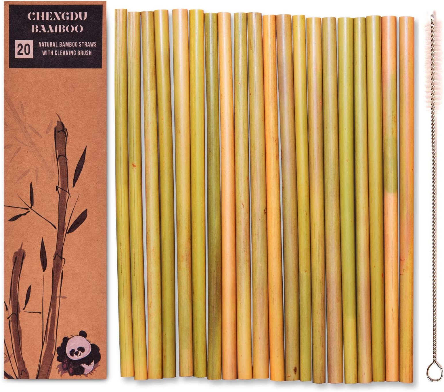 20 Reusable Bamboo Drinking Straws - 20cm Long Straws - Biodegradable and Great for The Environment! Each Set Comes in a Stylish Box and Contains a Cleaning Brush.