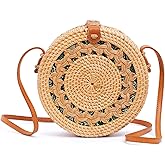 Novum Crafts Round Rattan Bag for Women - Handmade Straw Bags - Wicker Purse - Brown White Circle Crossbody Boho Bags