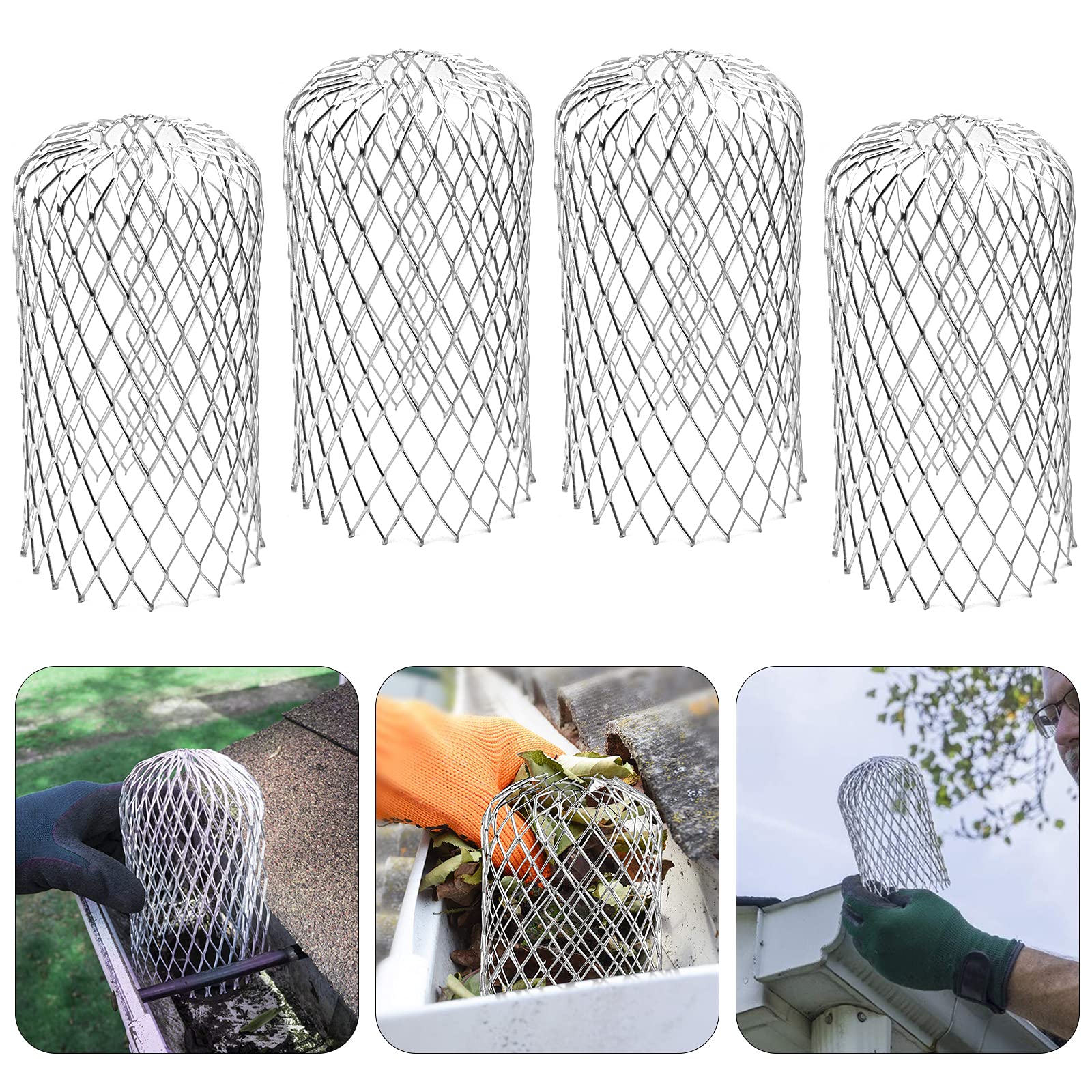 4 Pack Aluminum Gutter Guards Expandable Filter Strainer Leaf Strainer Downpipe Leaf Guard Gutter Mesh Drain Pipe Cover Protection Easy Install Moss, Muck, Mud & Debris Guard, from 2 to 4 inches