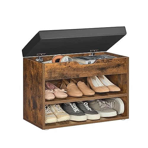 VASAGLE Shoe Bench with Cushion, Storage Bench with Padded Seat, Hallway Bench with 3 Compartments, 30 x 60 x 44 cm, for Bedroom, Living Room, Rustic Brown LHS020K05