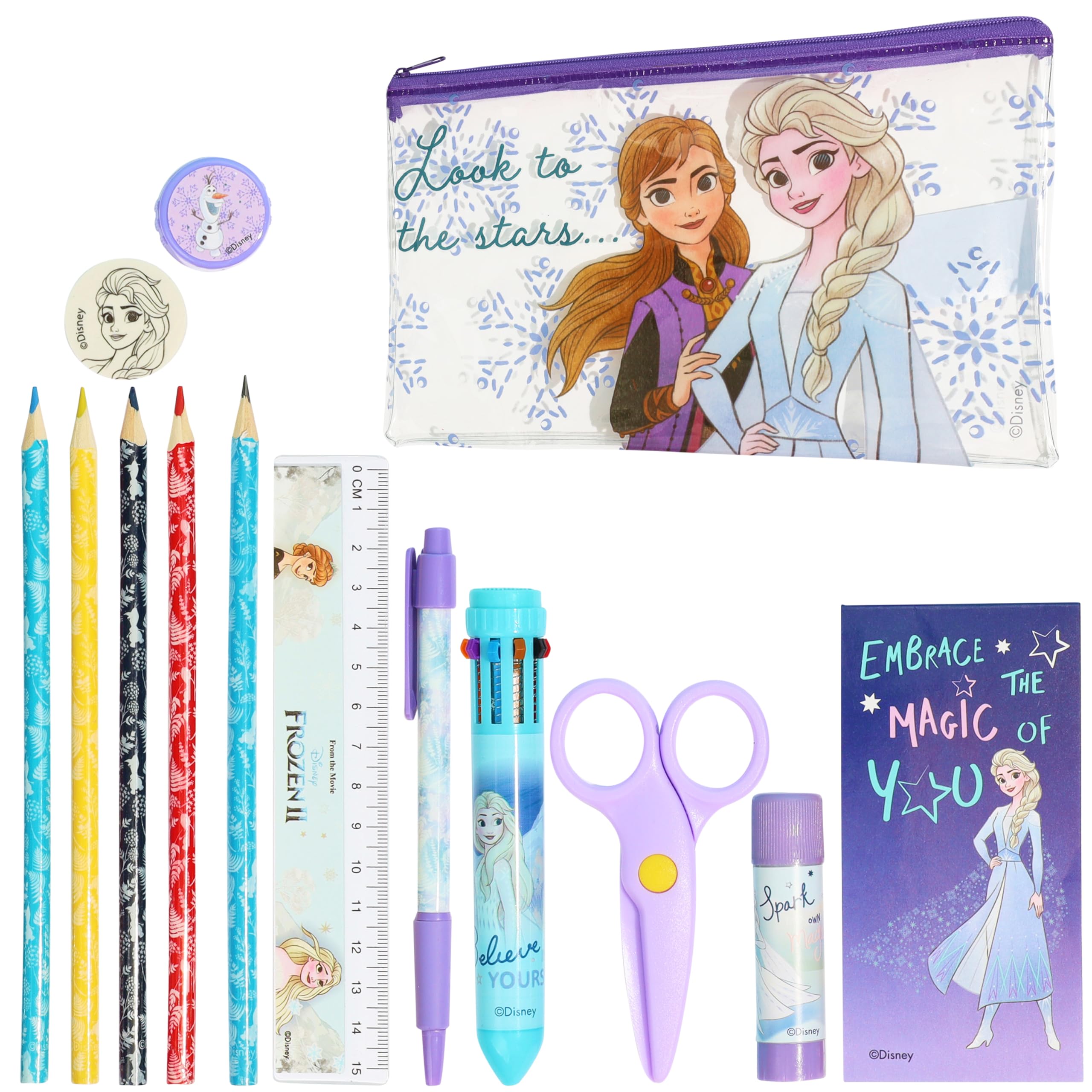 Disney Stitch Kids Pencil Case and Stationery Supplies Set for Preschool Nursery Notebook Colouring Pencils Pen, Girls Gifts (Purple Frozen)