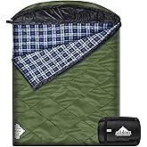 AGEMORE Cotton Flannel Double Sleeping Bag with Fleece Lined Hood, Waterproof Queen Size 2 Person Sleeping Bag for Adults Cold Weather Camping Backpacking or Hiking, 3-4season