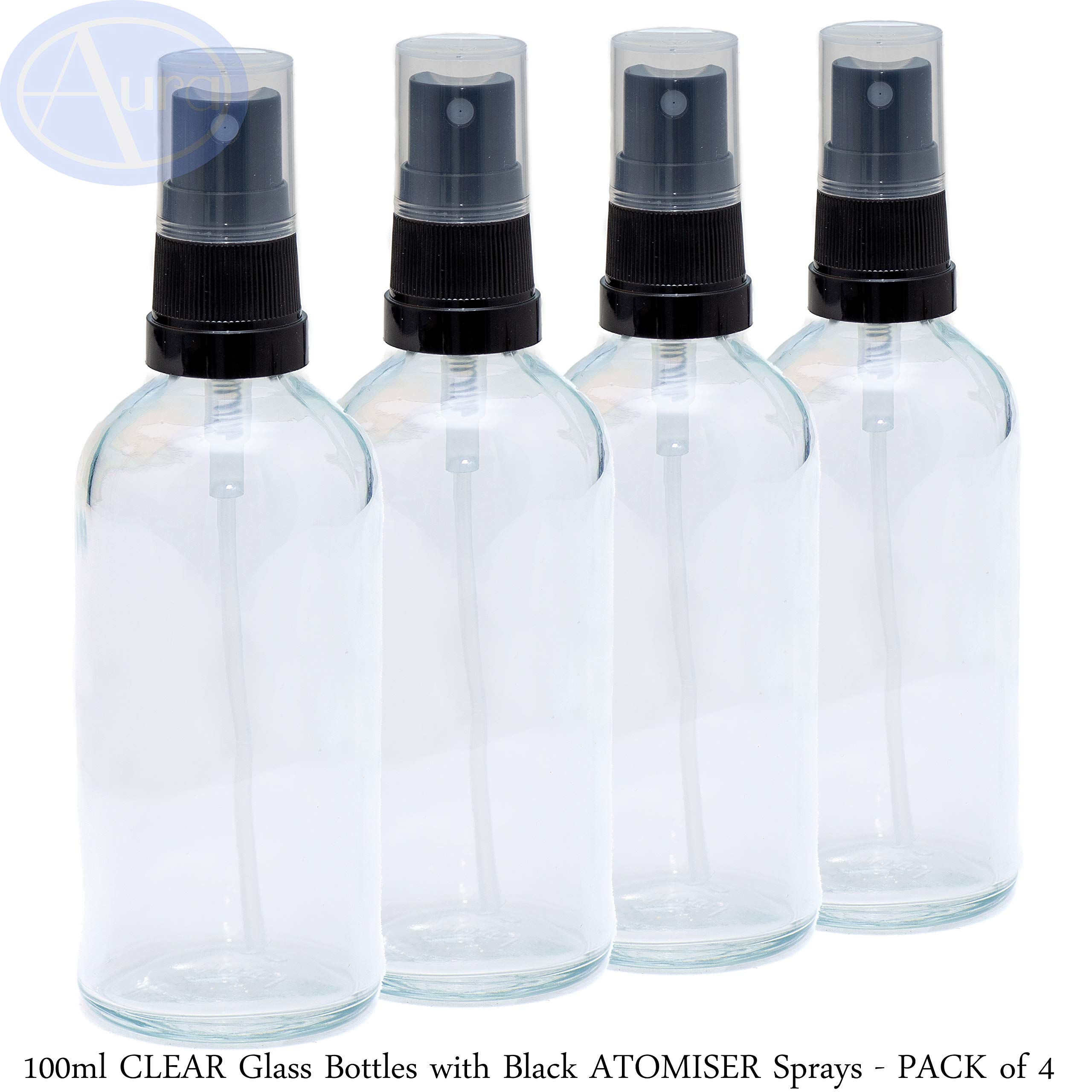 100ml CLEAR Glass Bottles with Black ATOMISER Sprays - PACK of 4