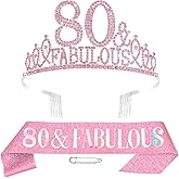 Hapdoo Pink 80th Birthday Decoraions for Women, 80th Birthday Sash and Crown Happy 80 and Fabulous Tiara and Sash Set Party Decorations