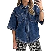 Kedera Women's Denim Shirt Casual Button Down Short Sleeve Jean Shirts Casual Top Outfits Trendy