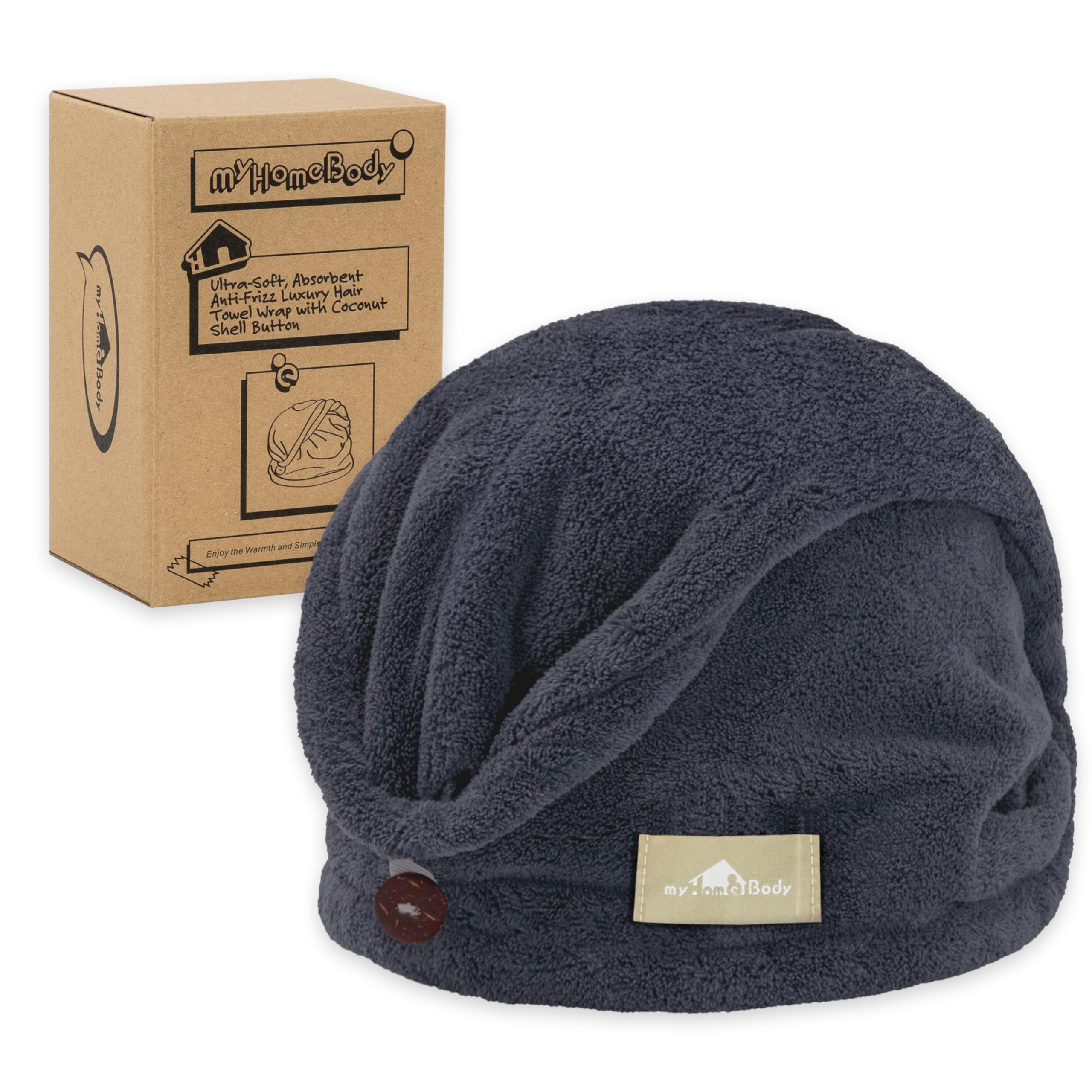 myHomeBody Hair Towel Wrap, Luxury Rapid-Dry Hair-Drying Turban, Ultra Soft and Quick Drying Absorbent Charcoal Fiber, with Coconut Shell Button – Midnight Blue