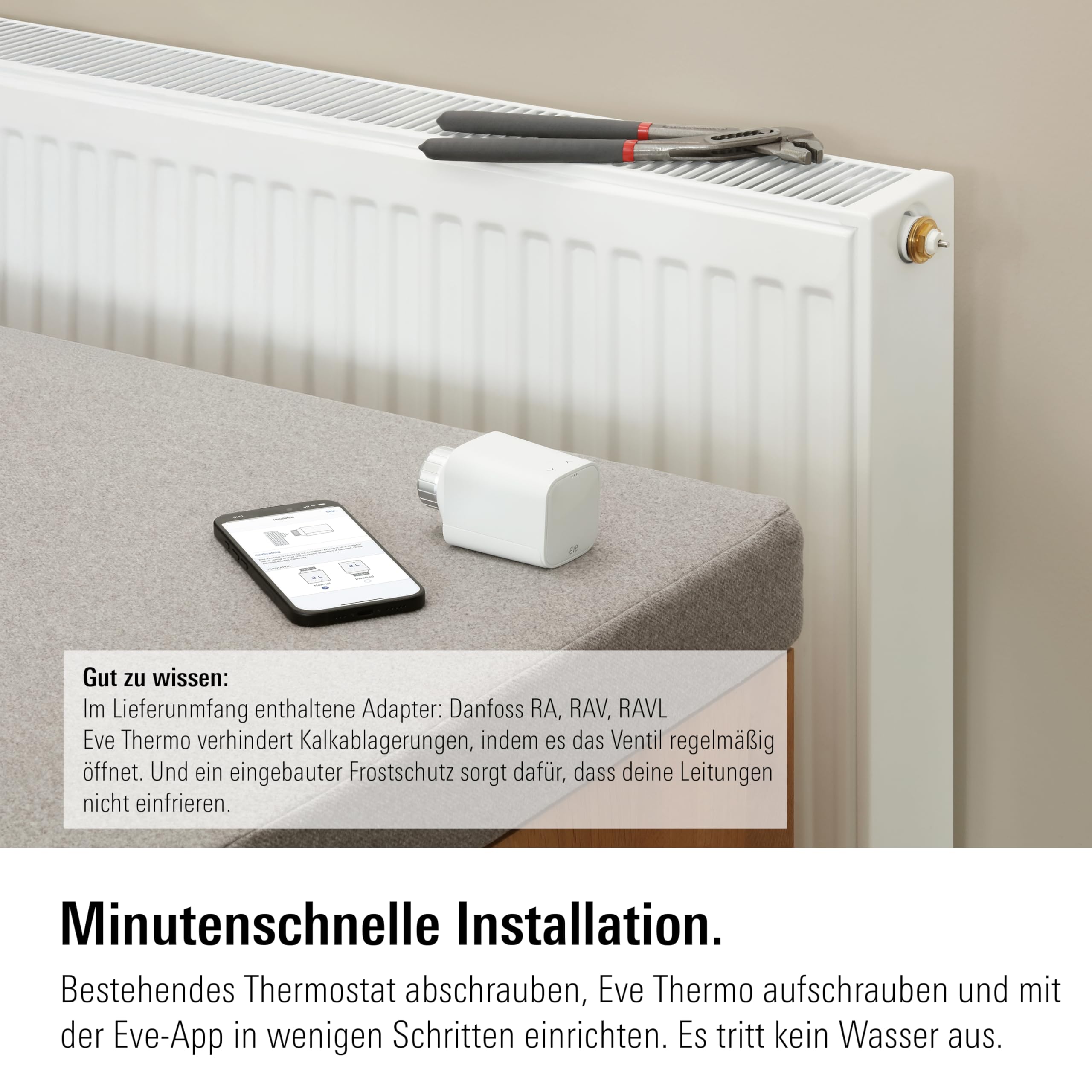 Eve Thermo (Matter, 5. Gen.): Smartes Heizkörperthermostat, Heizkosten sparen, funktioniert mit Alexa, Apple Home, Samsung SmartThings, Google Home, benötigt Thread Border Router 6
