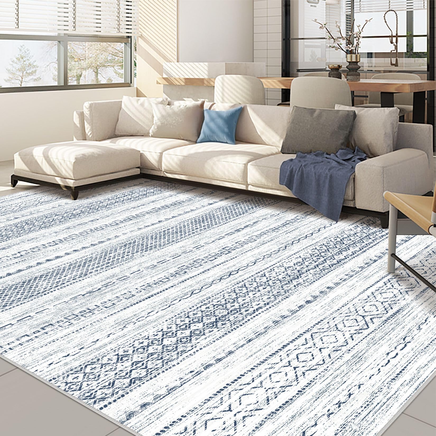 Nakagishi 8x10 Area Rugs Living Room: Washable Boho Large Neutral Soft Farmhouse Rug Stain Resistant Modern Indoor Floor Non-Slip Carpet for Bedroom Nursery Kids Playroom Office Dining Dorm-White Blue Image