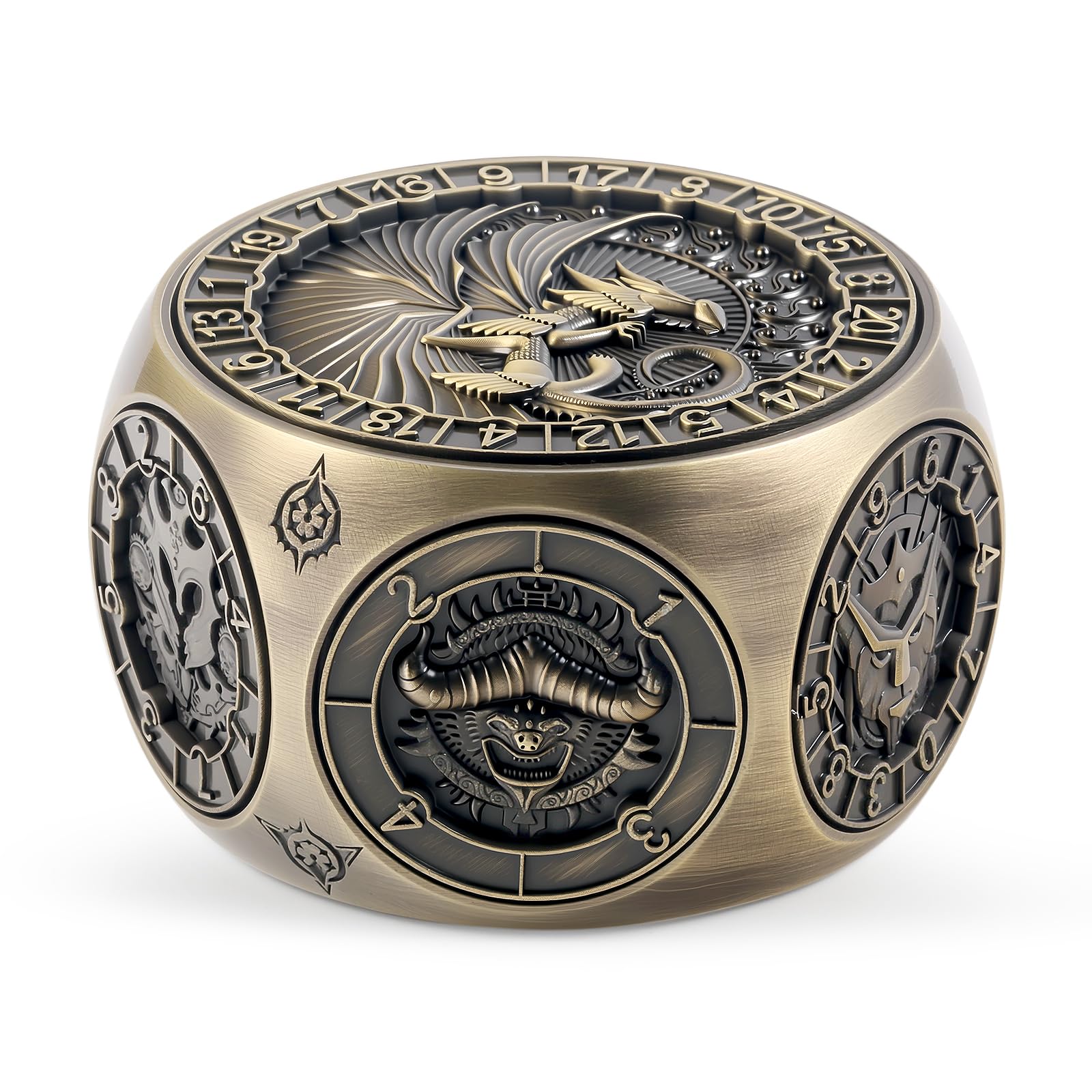 DNDND 8-in-1 Spinner Dice with Dual D20 - Hexagonal Metal D&D Monster Themed Dice Set for TTRPG Dungeons and Dragons, Dungeon Masters with Collectible Gift Tin (Brass)