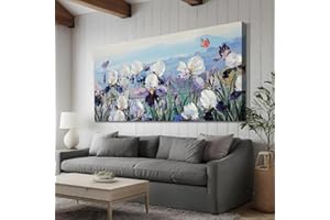 Enartly Flower Wall Art Blooming Purple White Irises Floral Landscape Textured Canvas Painting, Nature Scenery Large Artwork Framed for Bedroom Living Room Bathroom Home Office Wall Decor 40"x20"