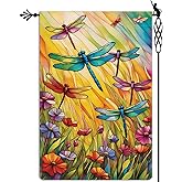 Jauageon Spring Summer Dragonfly Garden Flag Floral Flowers Garden Flag Vertical Double Sided Rustic Farmland Burlap Yard Lawn Outdoor Decor 12.5x18"