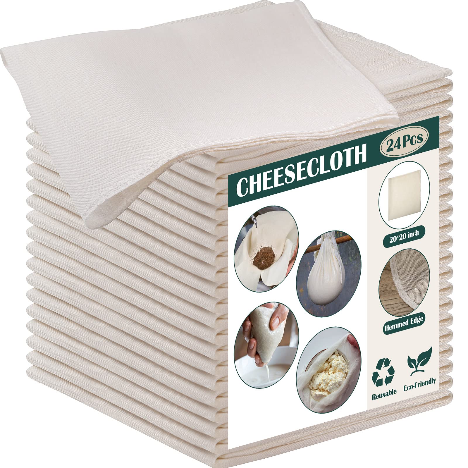 Photo 1 of Reginary 24 Pcs 20 x 20 Inches Cheese Cloths Bulk, Grade 100, Hemmed Cheesecloth for Straining Unbleached Cotton Muslin Cloth Reusable for Thanksgiving Turkey Cooking Baking Juicing Cheese Making