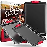 BPA Free Nonstick Baking Sheets w/ Silicone Handles in a Pack of 3 - Deluxe Cookie Sheets with Large, Medium & Small Bakeware