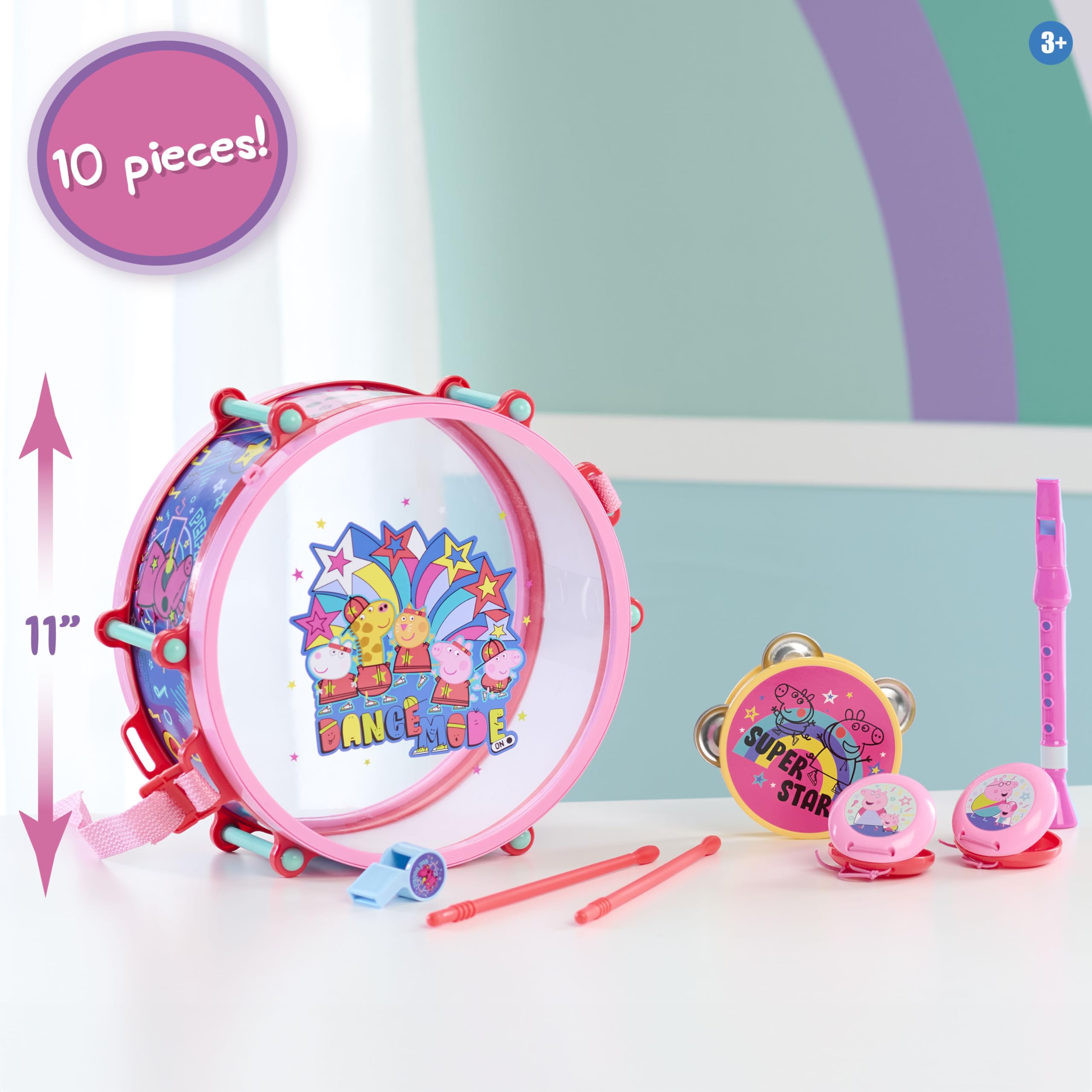 Peppa Pig Party Drum Set, 10-Pieces, 6 Musical Instruments, Pretend Play, Musical Education, Kids Toys for Ages 18 Month, Amazon Exclusive by Just Play
