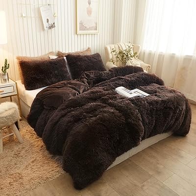 XeGe Plush Shaggy Duvet Cover Set with Zipper Closure, Coffee