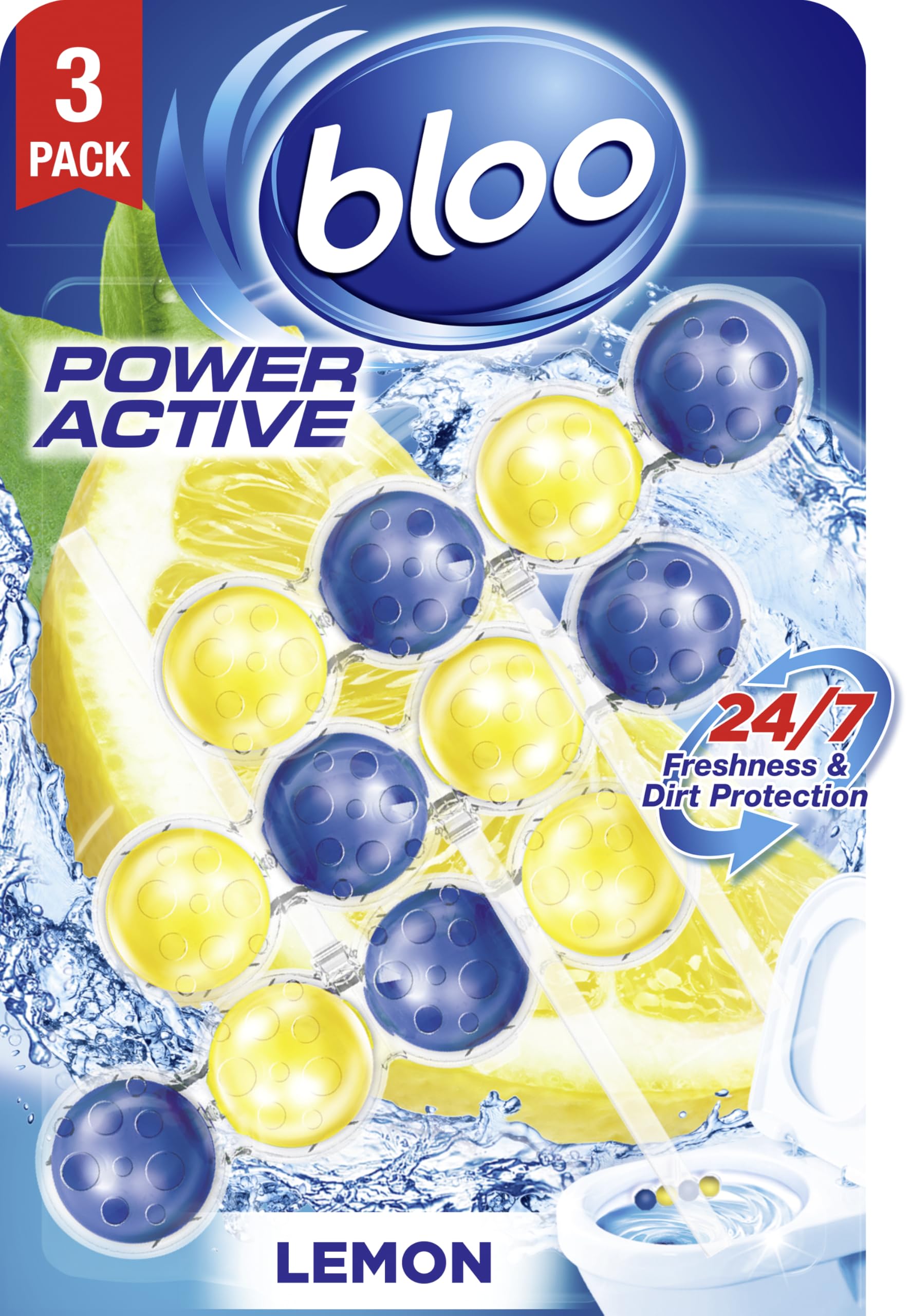 Bloo Power Active Toilet Rim Block Lemon, with Anti-Limescale, Cleaning Foam, Dirt Protection and Extra Freshness - Pack of 3 Rimblocks