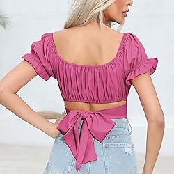 COOUFE Women's Crop Tops Ruffle Short Sleeve Tie