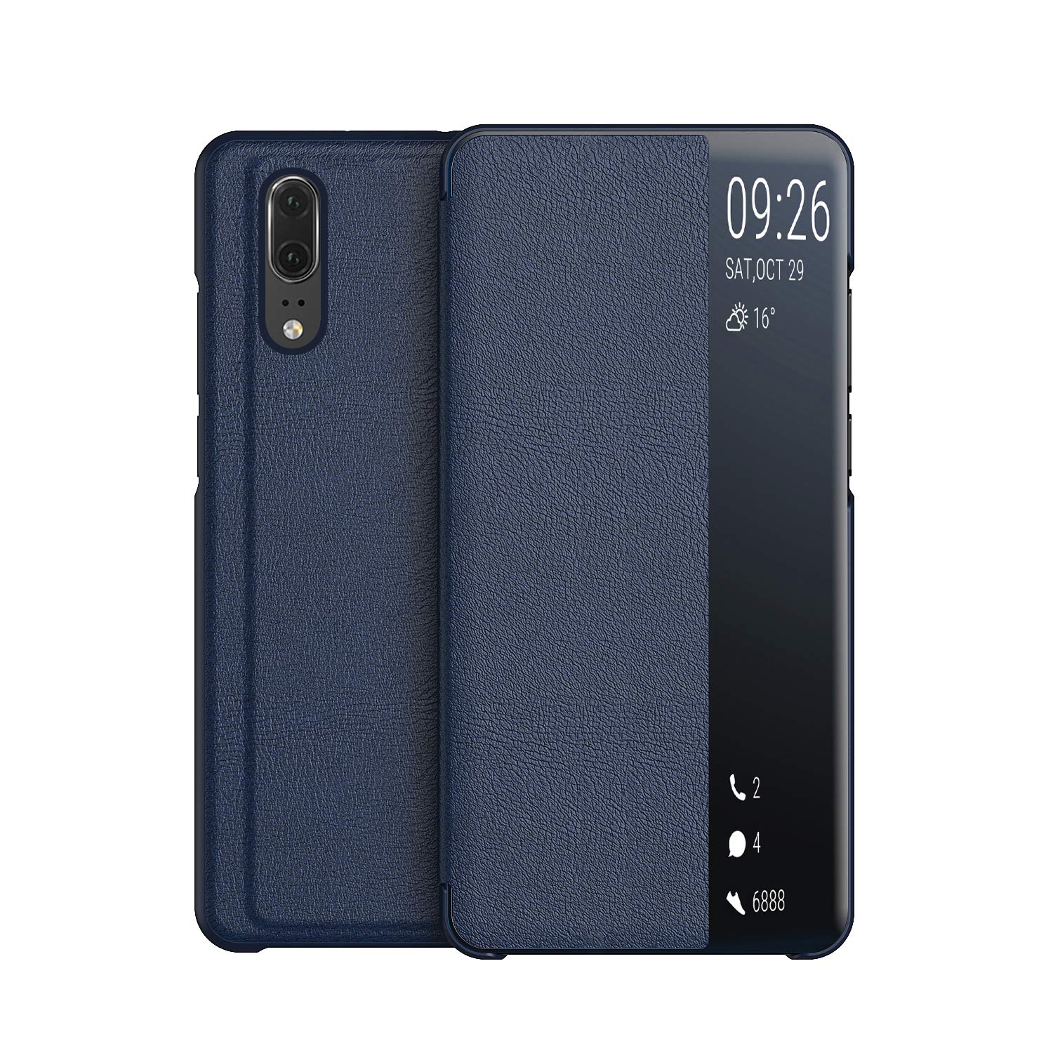 KANSi compatible for Huawei P20 Case, Smart View Flip PU Leather Case Cover + Tempered Glass - Navy