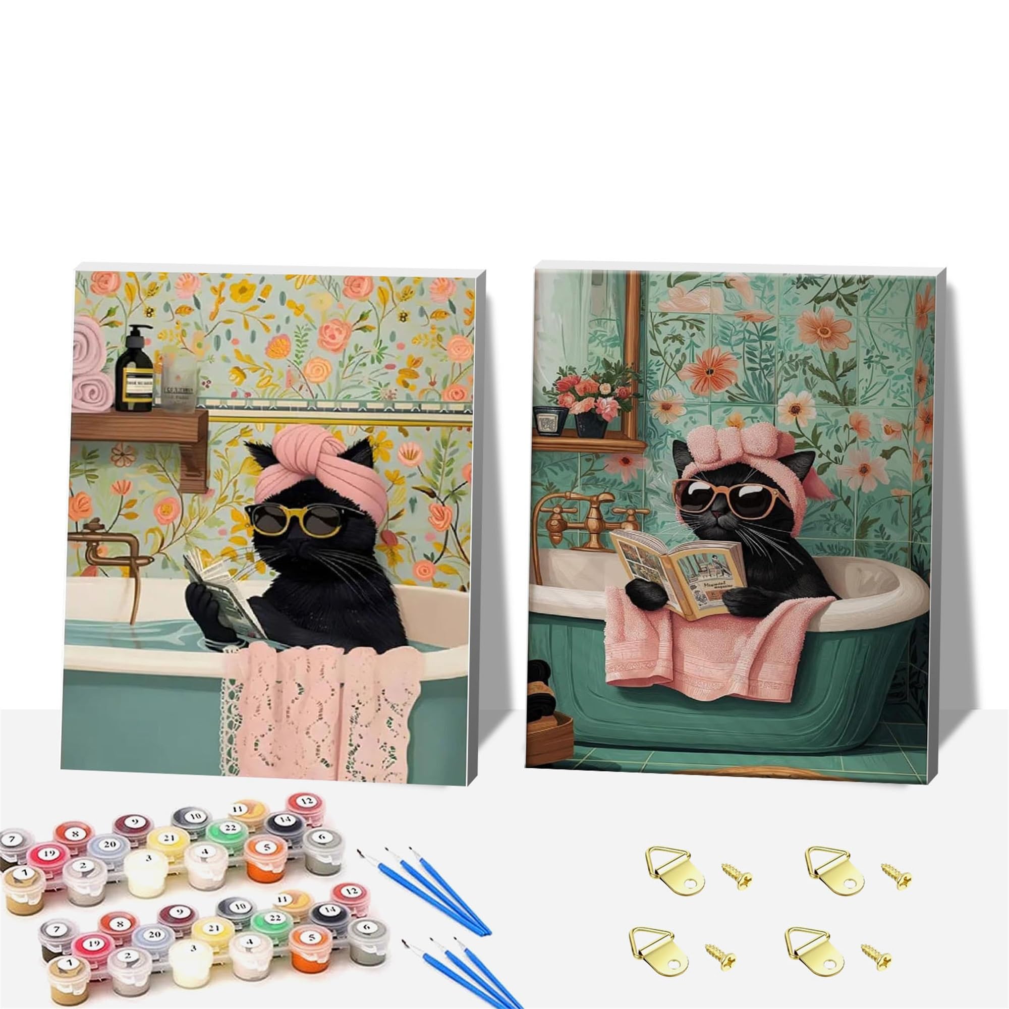 NZNANCHU 2 Pack Cat Reading Wooden Framed Adult Paint by Numbers Kits,Bathroom Easy Painting by Number Kits on Canvas,Bathing Color by Numbers Watercolor Gifts for Friends Home Wall Decor