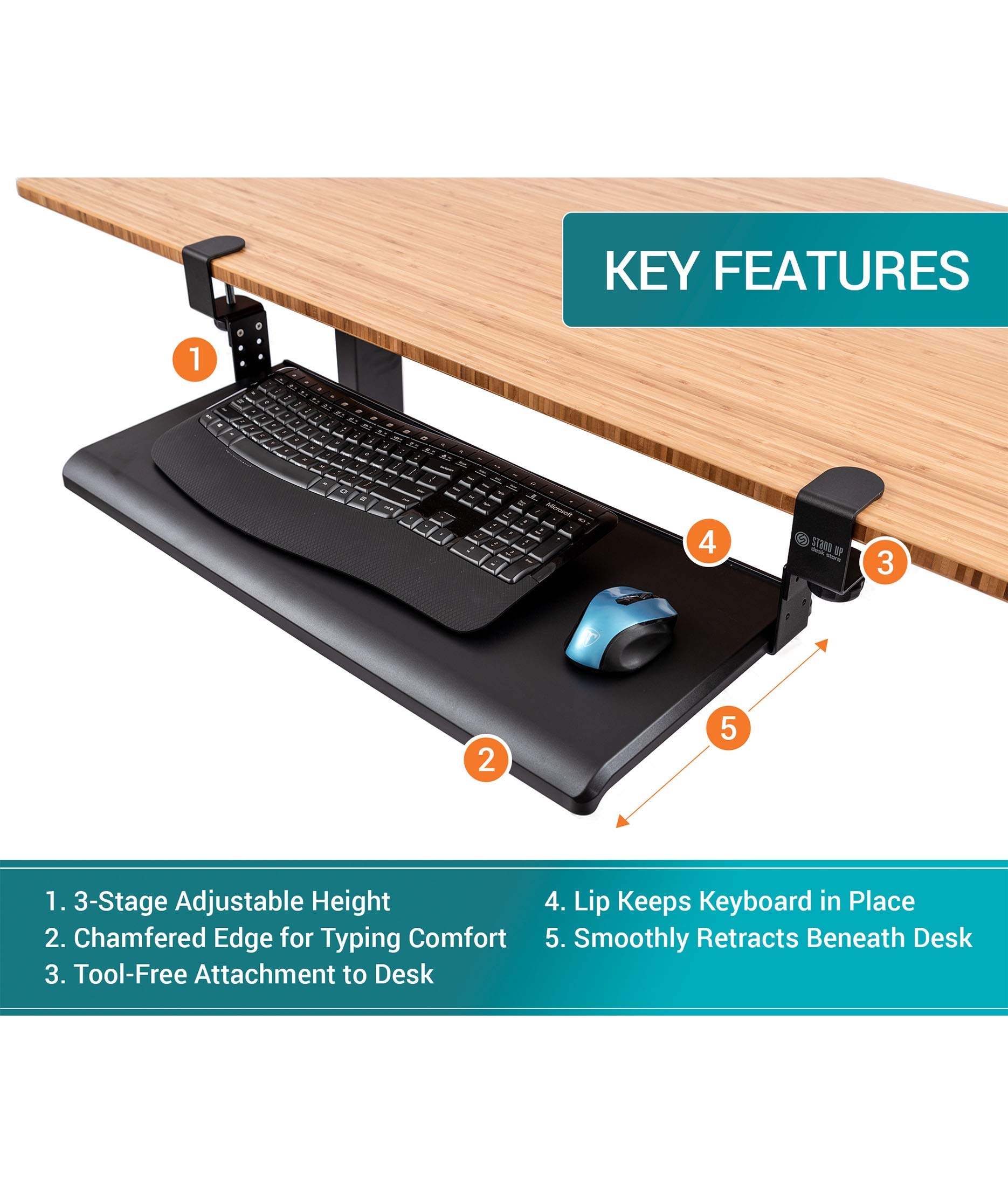 Stand Up Desk Store Large ClampOn Retractable Adjustable Keyboard Tray