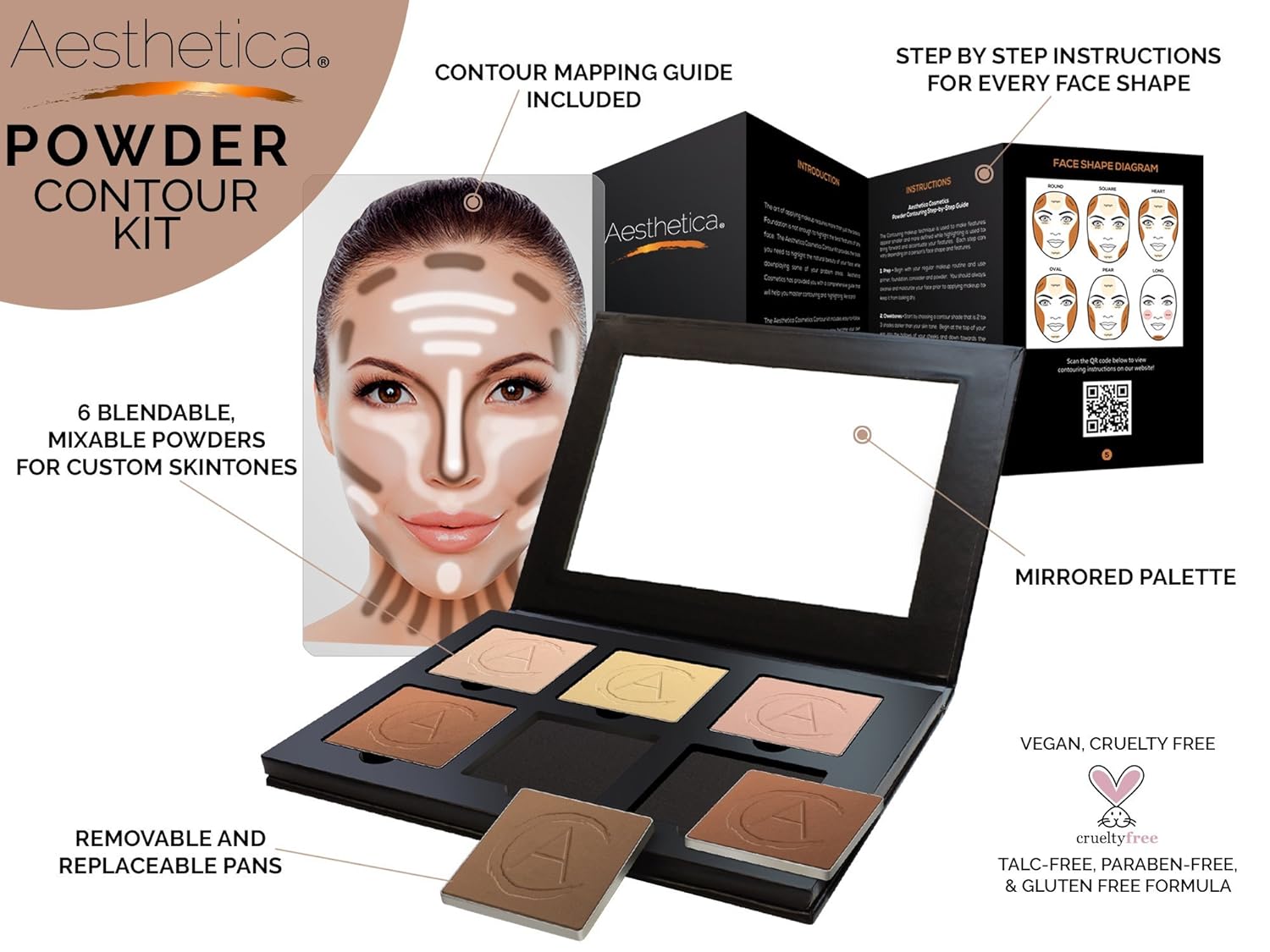 Aesthetica Cosmetics Contour and Highlighting Powder Foundation Palette/Contouring Makeup Kit; Easy-to-Follow, Step-by-Step Instructions Included : Beauty