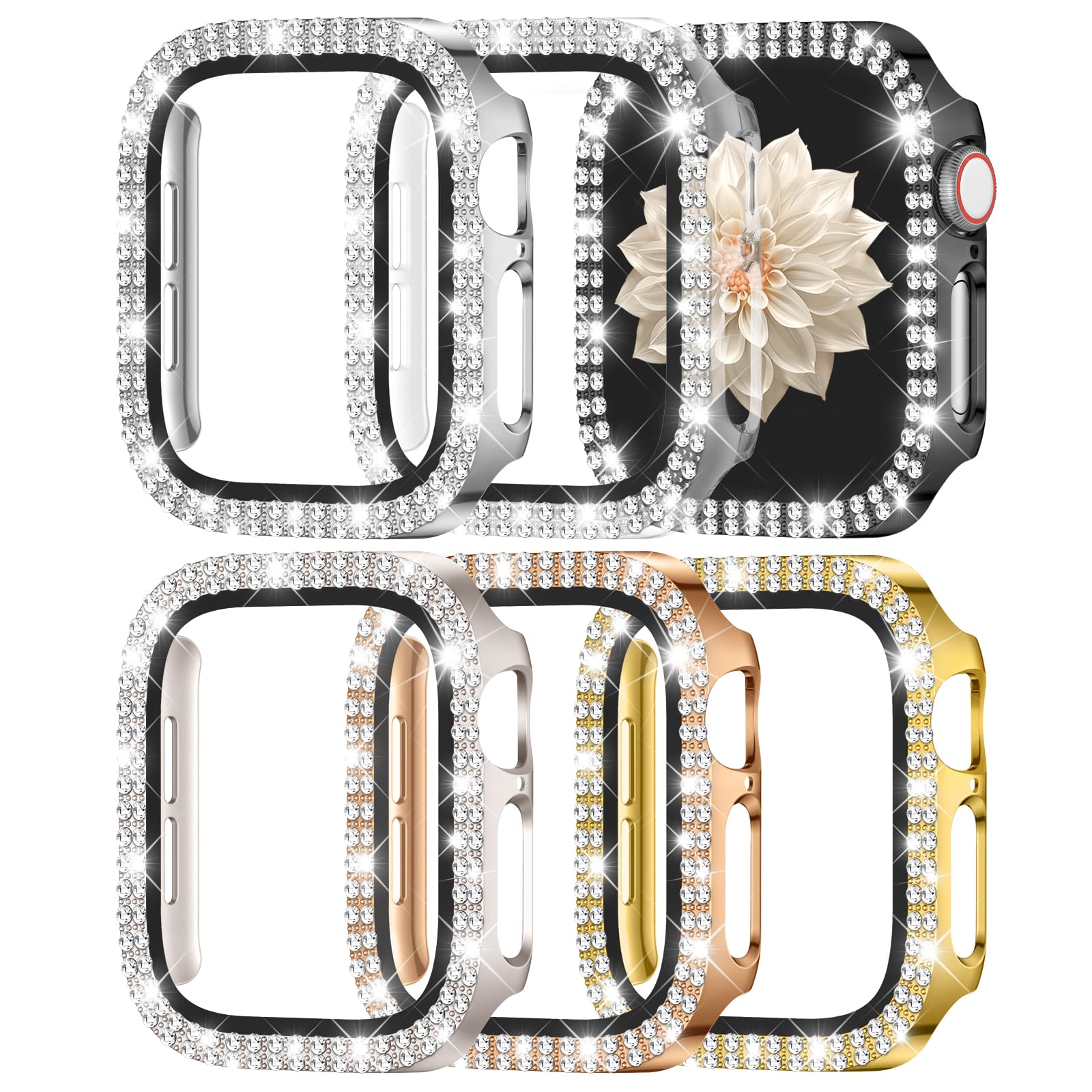 Adorve 6 Pack Compatible with Apple Watch Series 11 10 46mm Case Women, Bling Glitter Rhinestone Diamonds Protective Cover with Tempered Glass Anti-Scratch Bumper Cases for iWatch 46mm Accessories