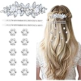 13 Pieces Rhinestone Hair Clips, Including10 Silver Mini Flower Hair Clips, 2 Pcs Crystal Bobby Pins, 1 Decorative Rhinestones Barrette with Pearls for Bride Women Flower Girls