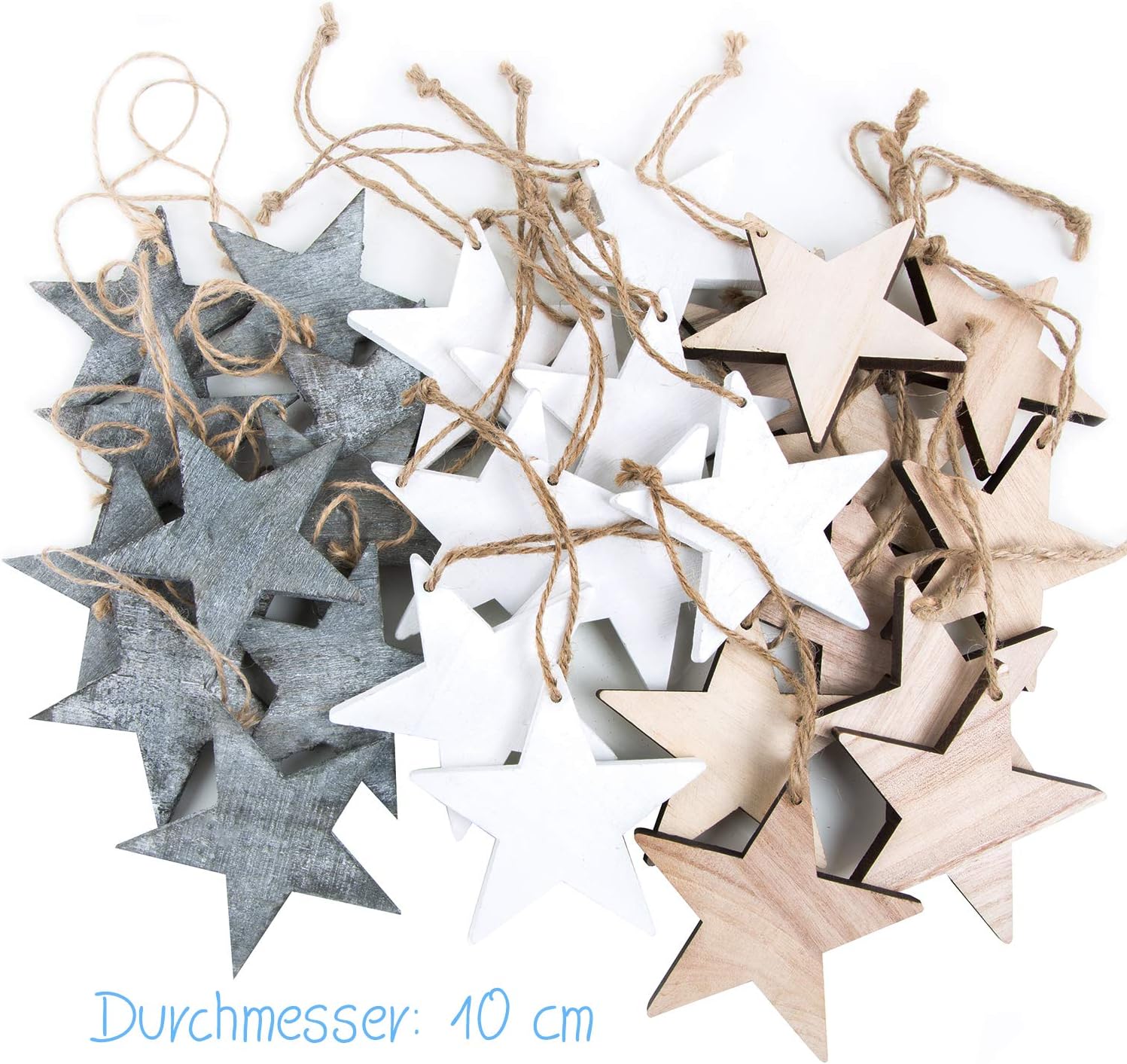 Logbuch-Verlag 3 x 10 Wooden Stars with String for Hanging Christmas Tree Stars Wooden Pendant Tree Decoration Star Pendant Christmas Tree Pendant 10 cm