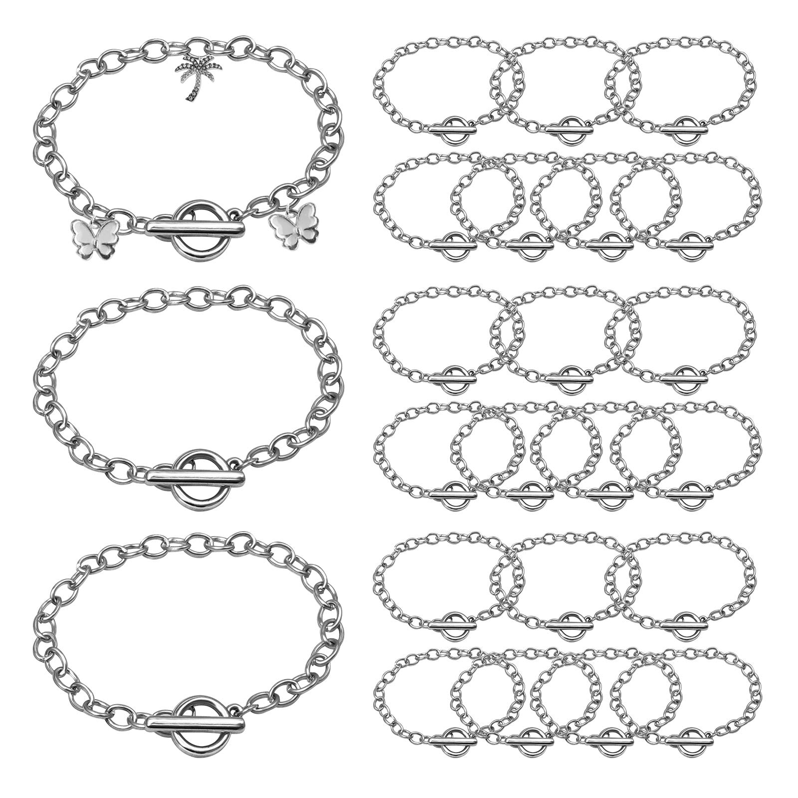 24 Pieces Silver Chain Bracelets Stainless Steel Link Bracelet with OT Toggle Clasp Jewellery Bracelet Making Chains for Women Girls DIY Charm Bracelet Chain Crafts