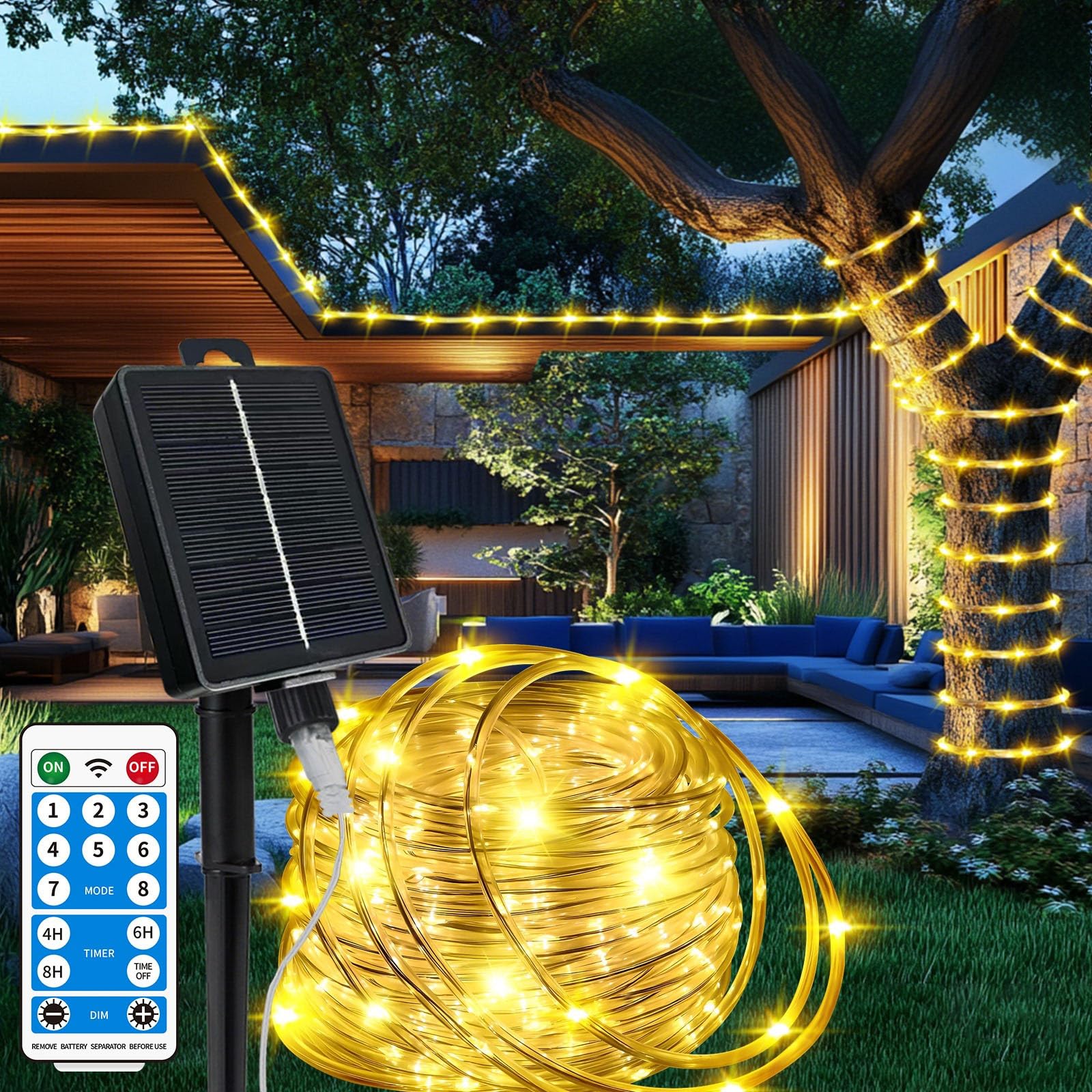 Photo 1 of Solar Rope Lights Waterproof 39FT 100LEDs,High Capacity Rechargeable Battery,Dual Charging,Outdoor String Light,Remote-Control,for Pathway Patio Garden Palm Tree Christmas (Brighter - Warm White)
