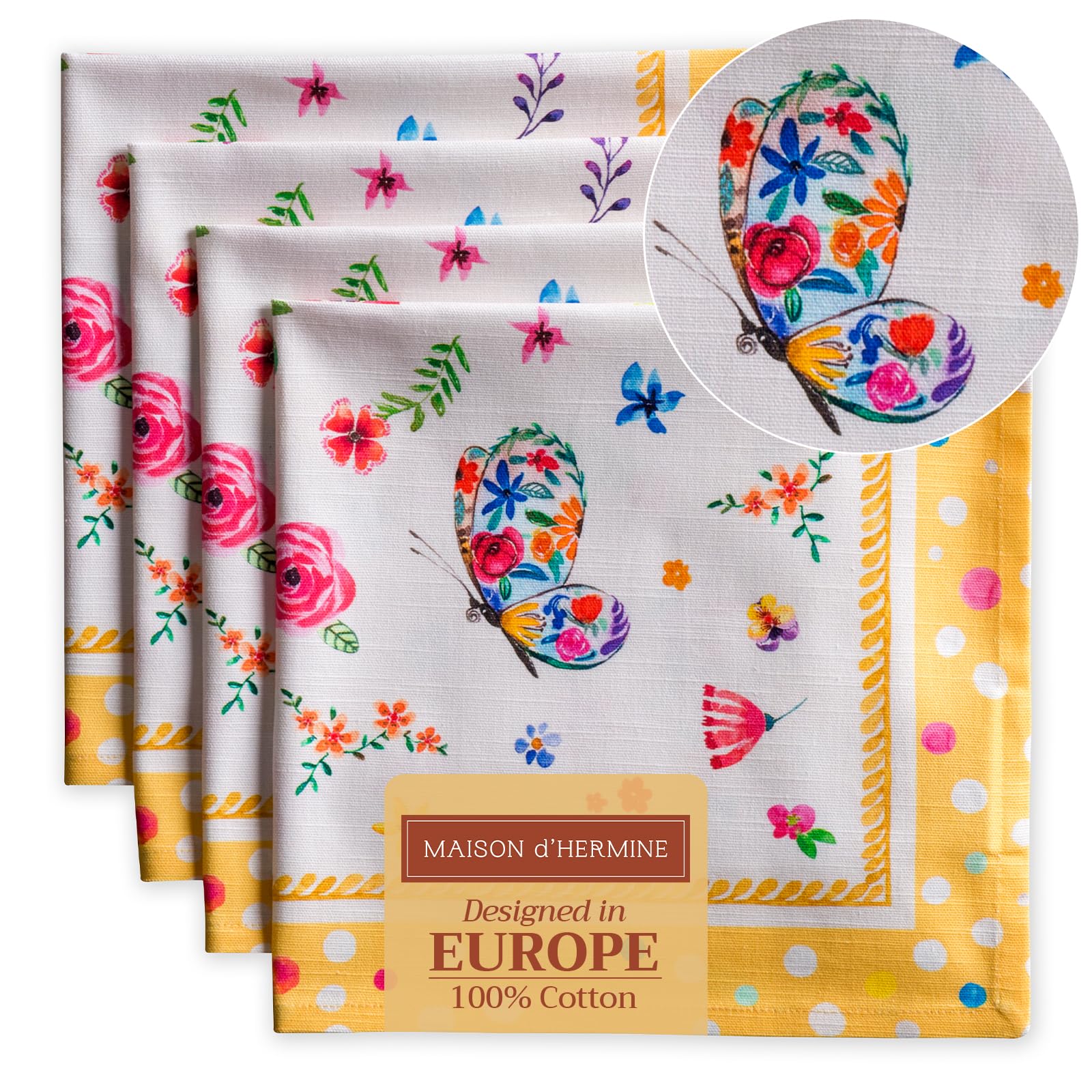 Maison d' Hermine Cloth Napkins Set of 4 100% Cotton Everyday Reusable Square Napkins Cloth Washable Dinner Party Wedding Restaurant Gifts for Mothers Day (Happy Florals - Sweety, 45 CM x 45 CM)