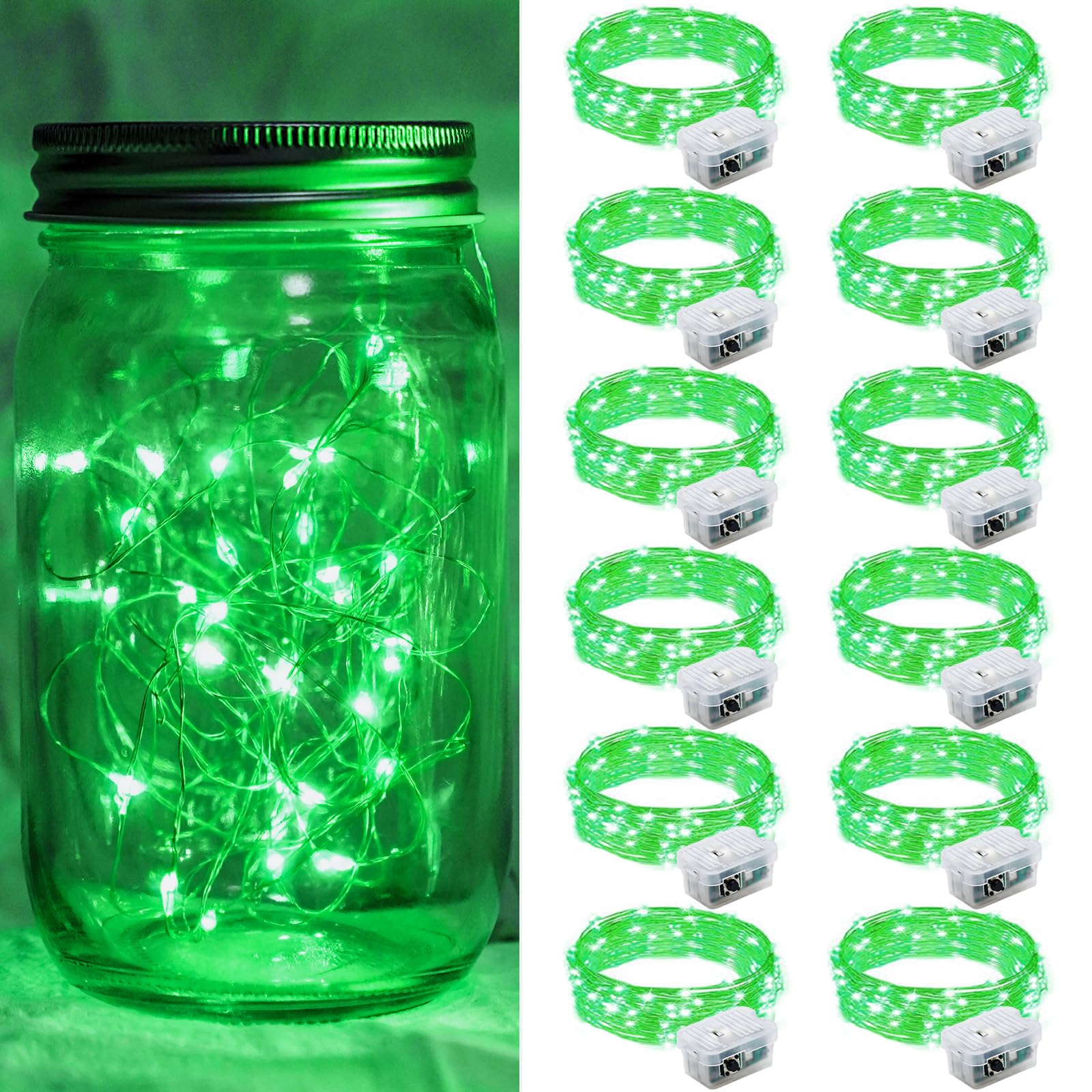 Photo 1 of chzk 12 Pack Green Fairy Lights 7Ft 20 LED Twinkle String Lights 3 Modes Battery Operated Waterproof Firefly Starry for Mason Jar Party Wedding Christmas Valentines Day Table Centerpieces
