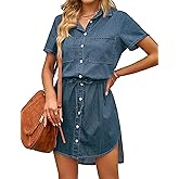 luvamia Women Casual Denim Dress Short Sleeve Tie Waist Classic Jean Shirt Dress