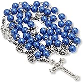 Nazareth Store Pearl Beads Rosary Metal Mystery Roses with Hematite stones, Catholic Rosary Necklace Our Rose Lourdes Medal & Cross Crucifix