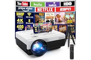 CRUMISY Mini Projector with WiFi and Bluetooth, 4K Decode Indoor Outdoor Use Native 1080P Video Game Projector with HIFI Speakers, 400 ANSI 300'' Cast 50% Zoom Phone Mirror for HDMI/IOS/TV Stick/PS5