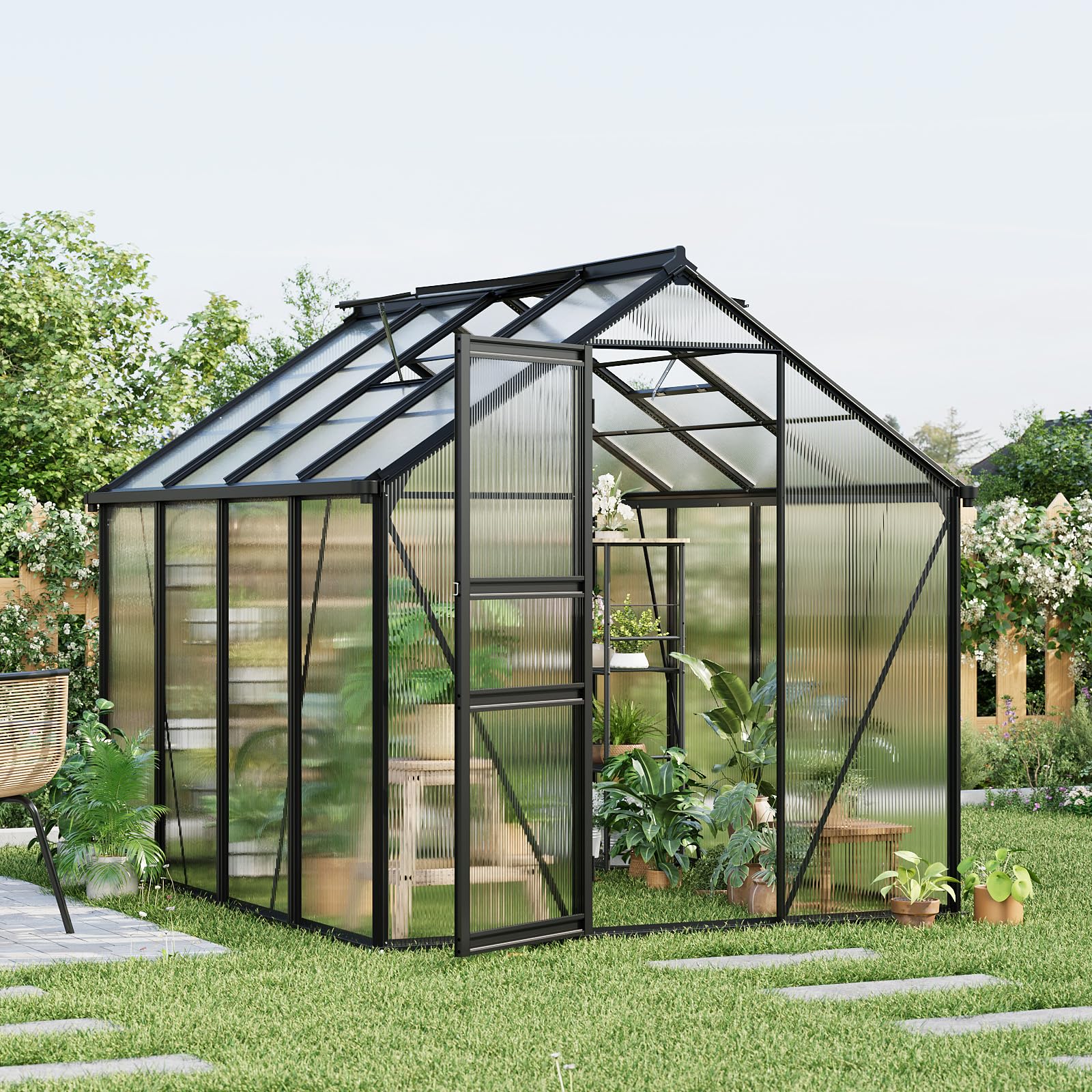 Photo 1 of *PARTIAL SET*
6x8FT Polycarbonate Greenhouse - Walk-in Outdoor Aluminum Frame Greenhouse with Roof Vent, Lockable Push Door for Garden, Backyard, Patio & Lawn(Black)