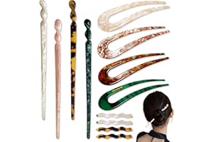 PiinRoon Acetate Hair Sticks, 8 Pcs French Hair Pins and 4 Pcs Hairclips, Acetate Tortoise Vintage Hair Chopsticks Elegant U 
