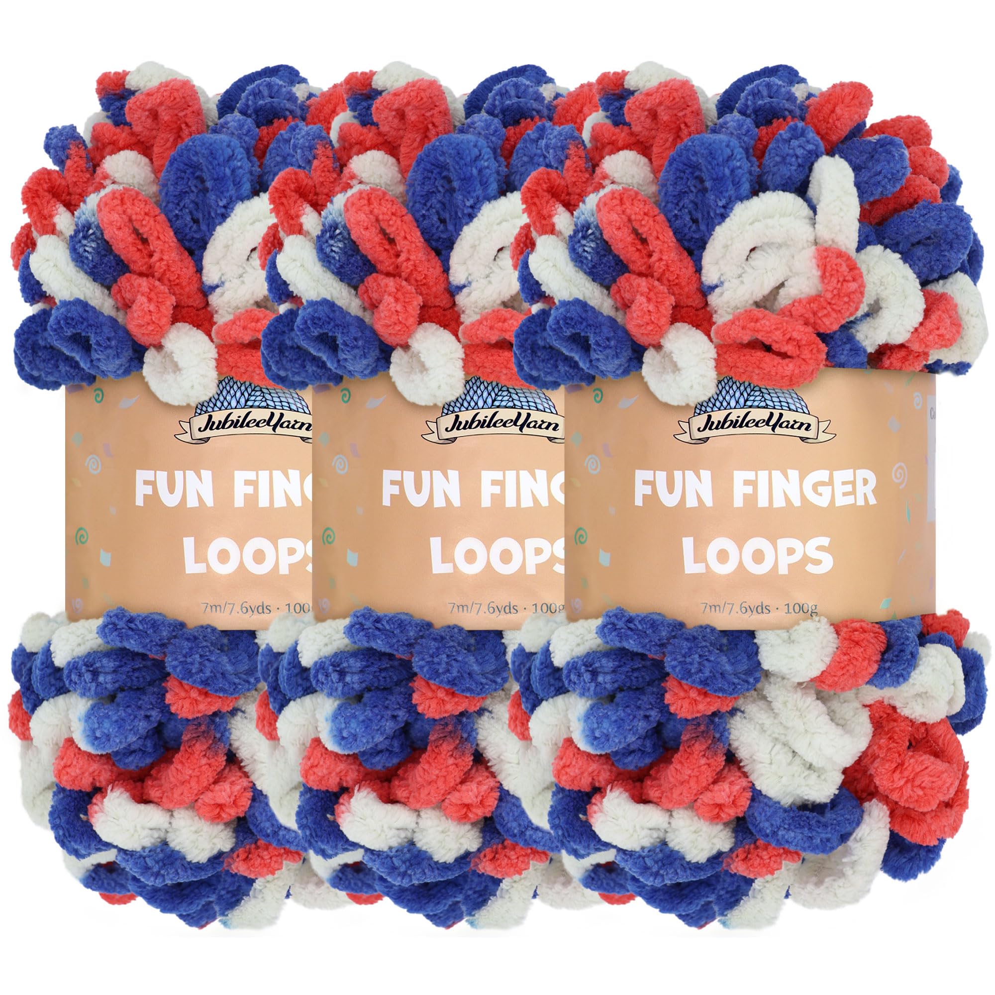 JubileeYarn Fun Finger Loops Yarn - Polyester Jumbo Weight Loop Yarn - 100g/Skein - Red White Blue - 3 Skeins