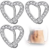 PAGOW 3Pcs Heart Belly Button Rings, Hypoallergenic Surgical Steel Belly Rings, 14G Pave CZ Crystal Rhinestone Reverse Hinged Top Down Belly Button Rings for Woman