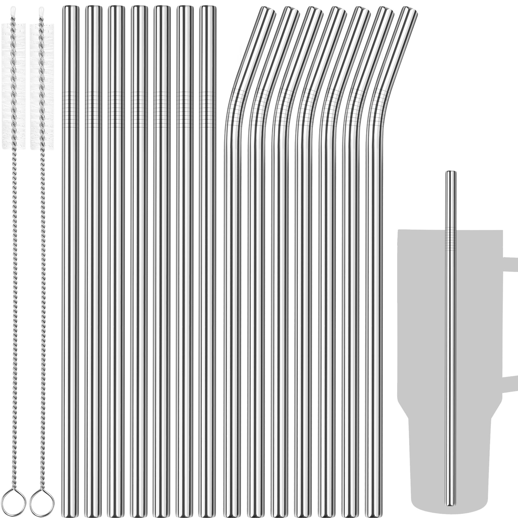 Photo 1 of (USED/FAIR) Tomorotec 40oz Straws, 14PCS Stainless Steel Replacement Straws for Stanley 40oz Adventure Quencher Travel Tumblers with Cleaning Brushes 2PCS, Food-Grade, Dishwasher Safe for Smoothies (Silver)
