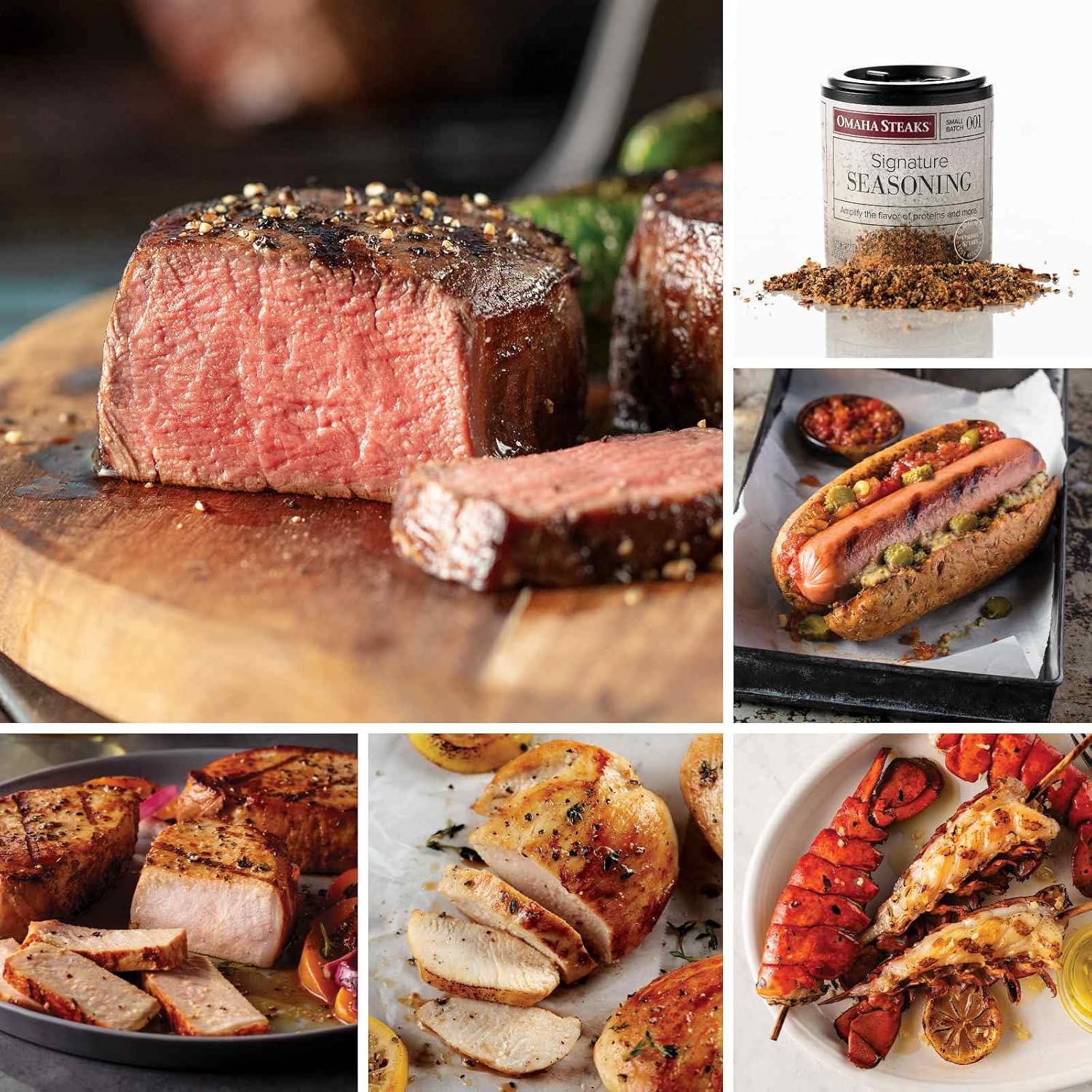 Butcher's Favorites from Omaha Steaks (Butcher's Cut Filet Mignons, Boneless Pork Chops, Boneless Chicken Breasts, Split Lobster Tail Skewers, Gourmet Jumbo Franks, and Signature Seasoning)