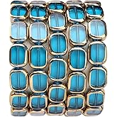 DADIFEN Glass Oval Beads Lake Blue 10x12mm 28pcs Rectangle Golden Edge Crystal Loose Beads for DIY Craft Jewelry Making