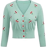 Belle Poque Women's 3/4 Sleeve V-Neck Button Down Cherries Embroidery Cropped Cardigan Sweater Coat