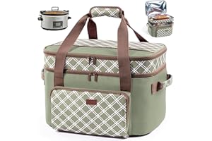 BAGSPRITE Double Layer Slow Cooker Carrier Bag for 6-8 Quart Oval CrockPot, Insulated Crock Pot Travel Bag with Top Zip Compartment and Front Pocket for Utensils