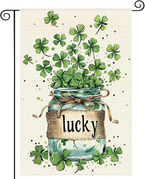 St Patricks Day Garden Flags for Outside, Irish Green Hat Lucky Shamrocks Yard Decoration, Small Seasonal Outdoor Decor for Farmhouse Holiday,12x18 Inch Double Sided