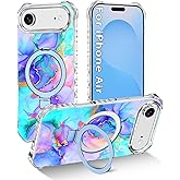Shecaset for iPhone Air Case/iPhone 17 Air Case,[Compatible with MagSafe][Invisible Magnetic Ring Stand],Slim Iridescent Wavy Women Girls Cover for Apple iPhone 17 Air 6.5"(2025),Blue Violet Marble