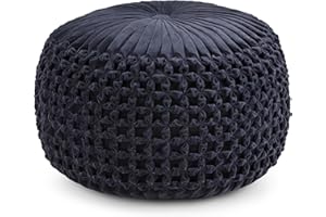 SIMPLIHOME Renee Boho Round Pouf in Navy Velvet Fabric for the Living Room, Bedroom and Kids Room