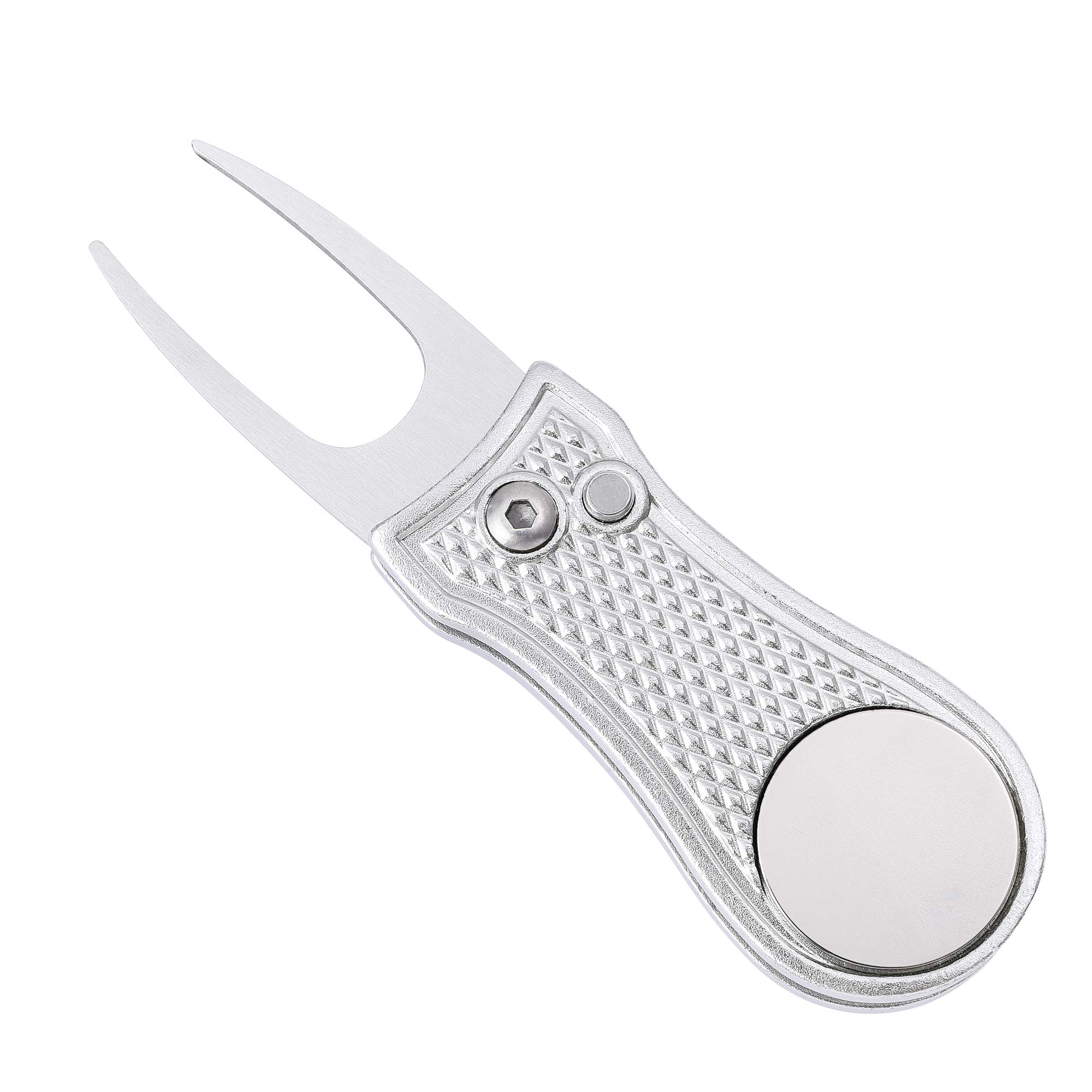 Mile High Life All Metal Foldable Golf Divot Tool with Pop-up Button & Magnetic Ball Marker (Silver Bone)